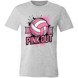 pink white graphic t-shirt with a pink and black 'PINK OUT' volleyball designout volleyball_net