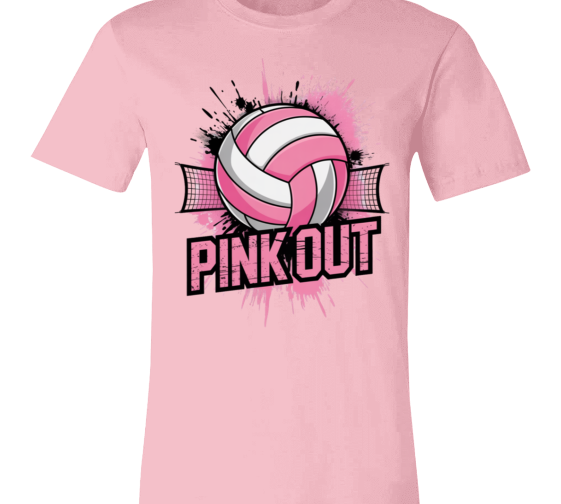 white graphic t-shirt with a pink and black 'PINK OUT' volleyball design