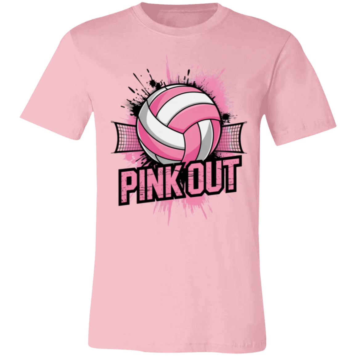 white graphic t-shirt with a pink and black 'PINK OUT' volleyball design