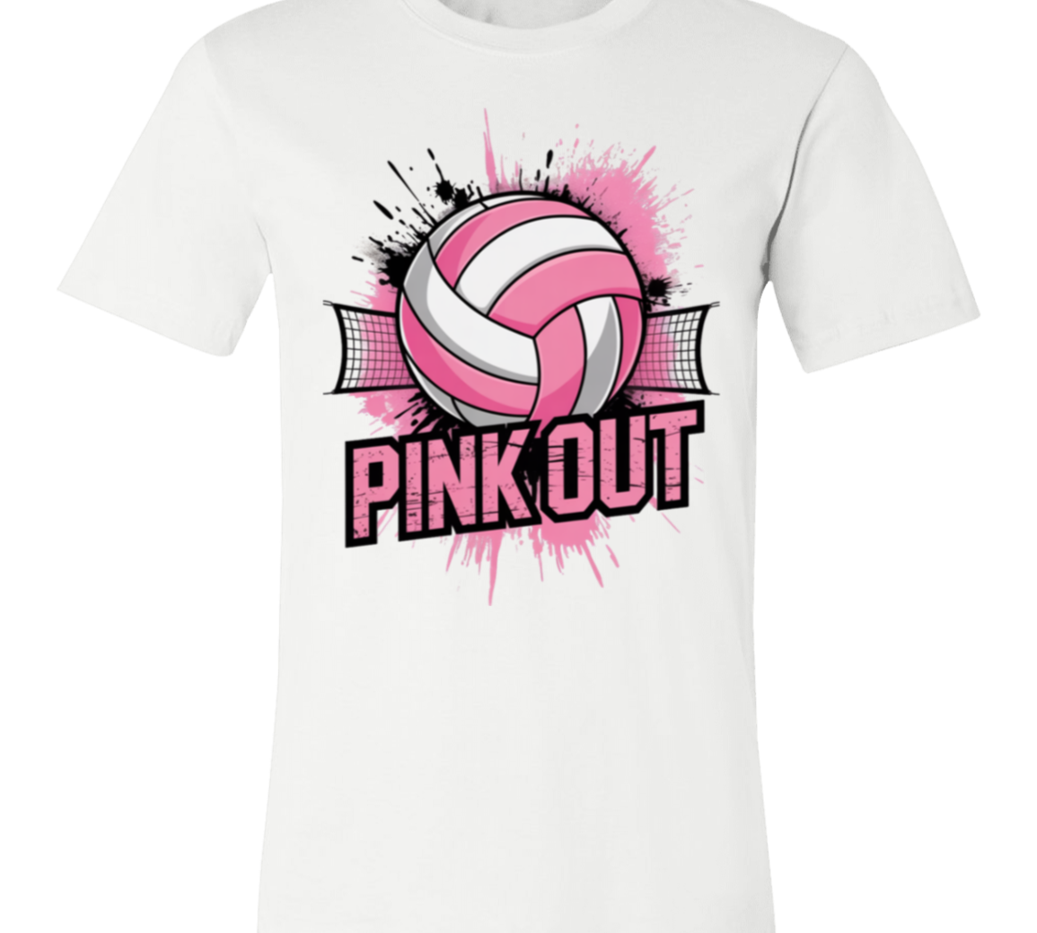 white graphic t-shirt with a pink and black 'PINK OUT' volleyball design
