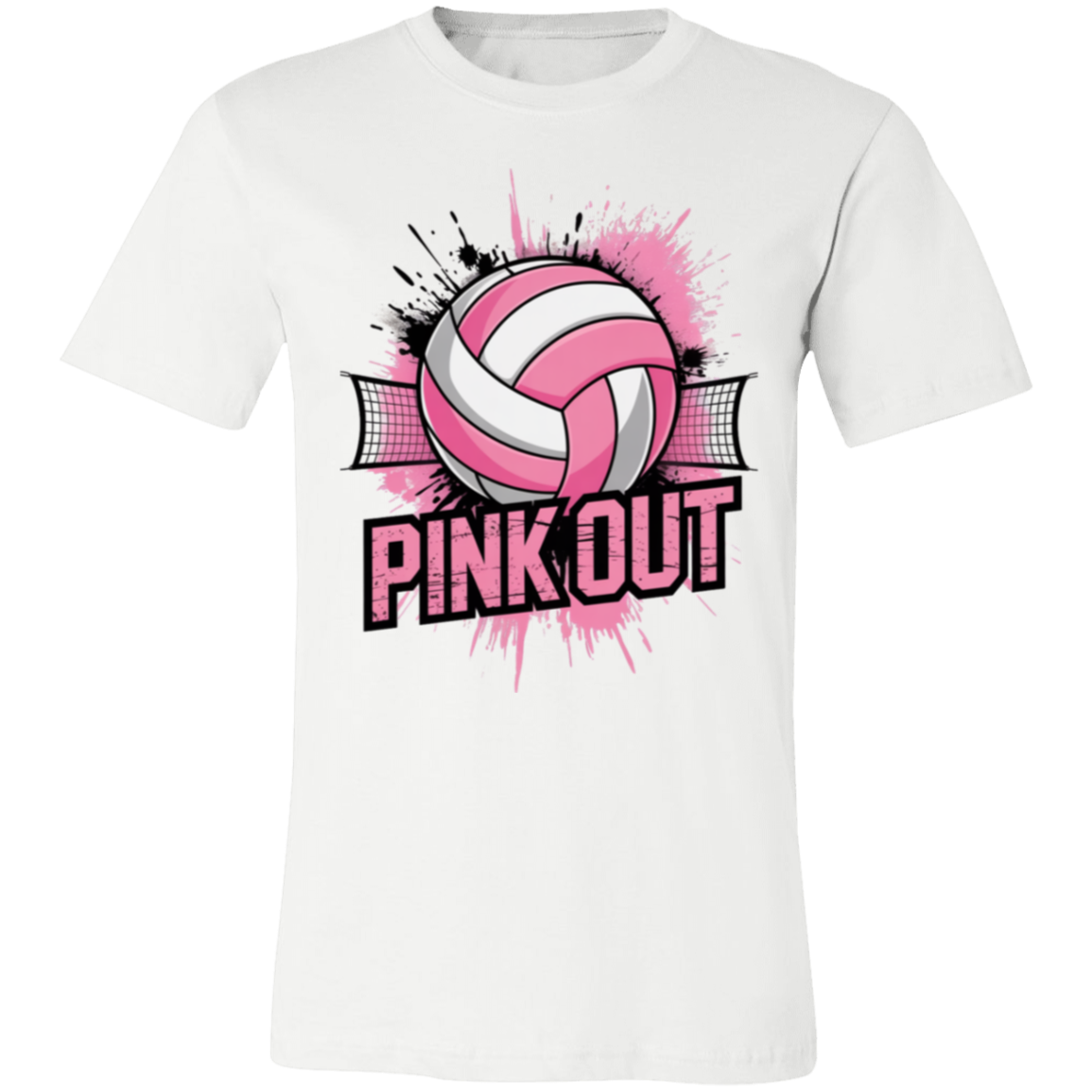 white graphic t-shirt with a pink and black 'PINK OUT' volleyball design