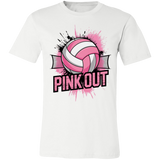 white graphic t-shirt with a pink and black 'PINK OUT' volleyball design