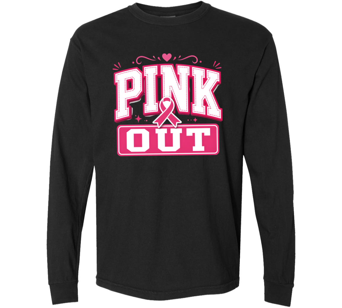 black long sleeve t-shirt with a graphic, "pink out".