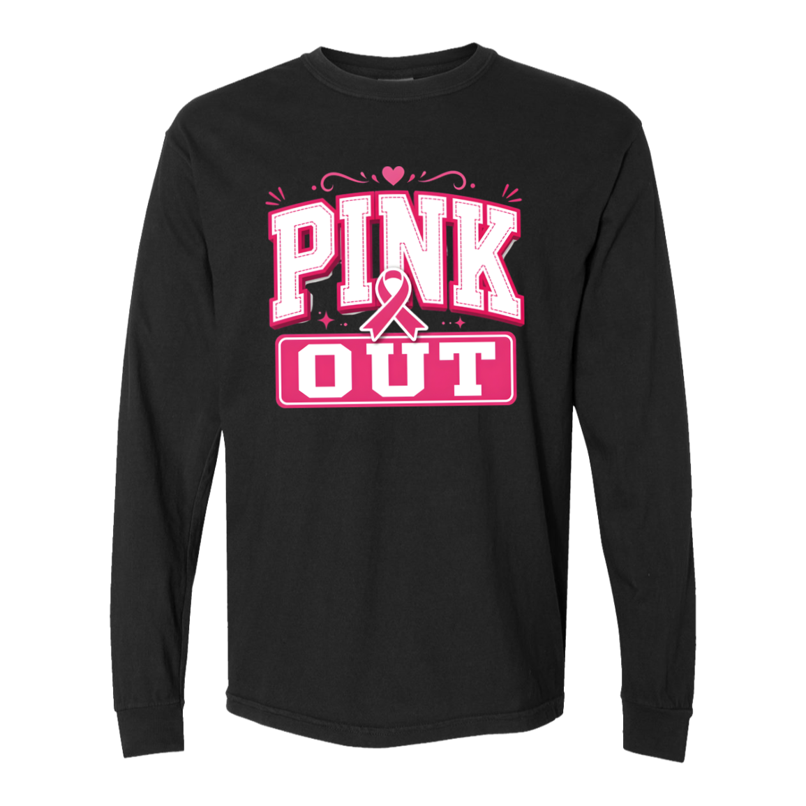 black long sleeve t-shirt with a graphic, "pink out".