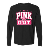 black long sleeve t-shirt with a graphic, "pink out".