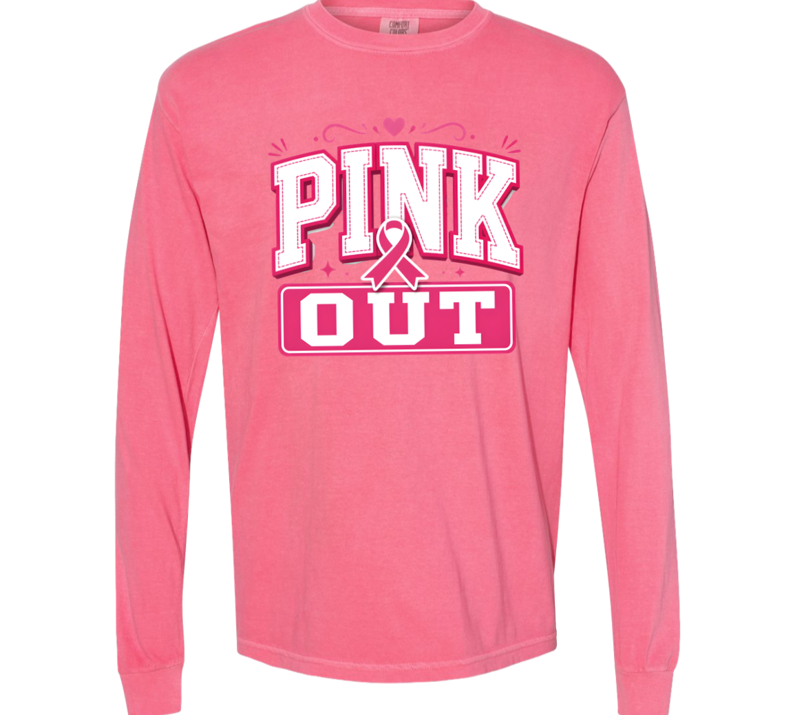 pink long sleeve t-shirt with a graphic, "pink out".