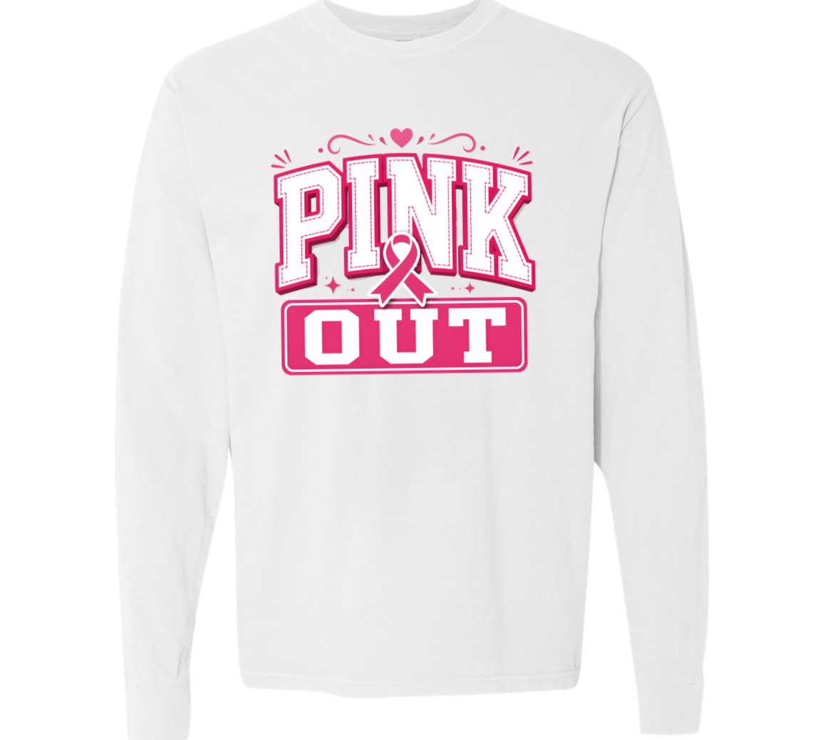 white long sleeve t-shirt with a graphic, "pink out".