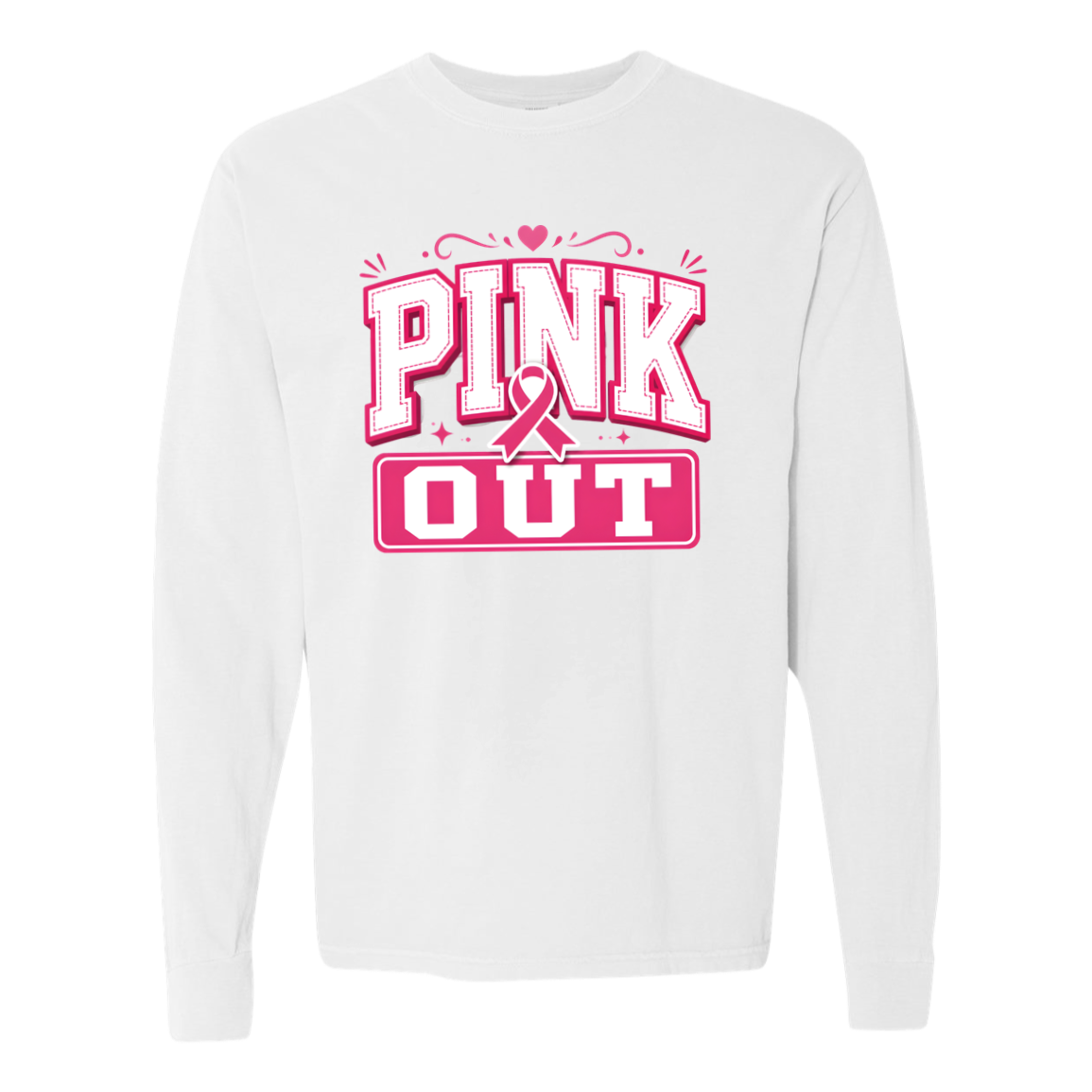 white long sleeve t-shirt with a graphic, "pink out".