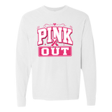 white long sleeve t-shirt with a graphic, "pink out".