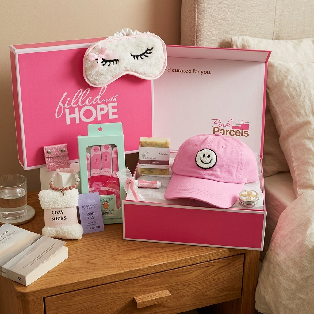A curated gift set displayed in an open pink box on a wooden bedside table next to a bed. The set includes a pink sleep mask, a pink baseball cap with a smiley face patch, a pair of socks, a bar of soap, and other pink-themed items.