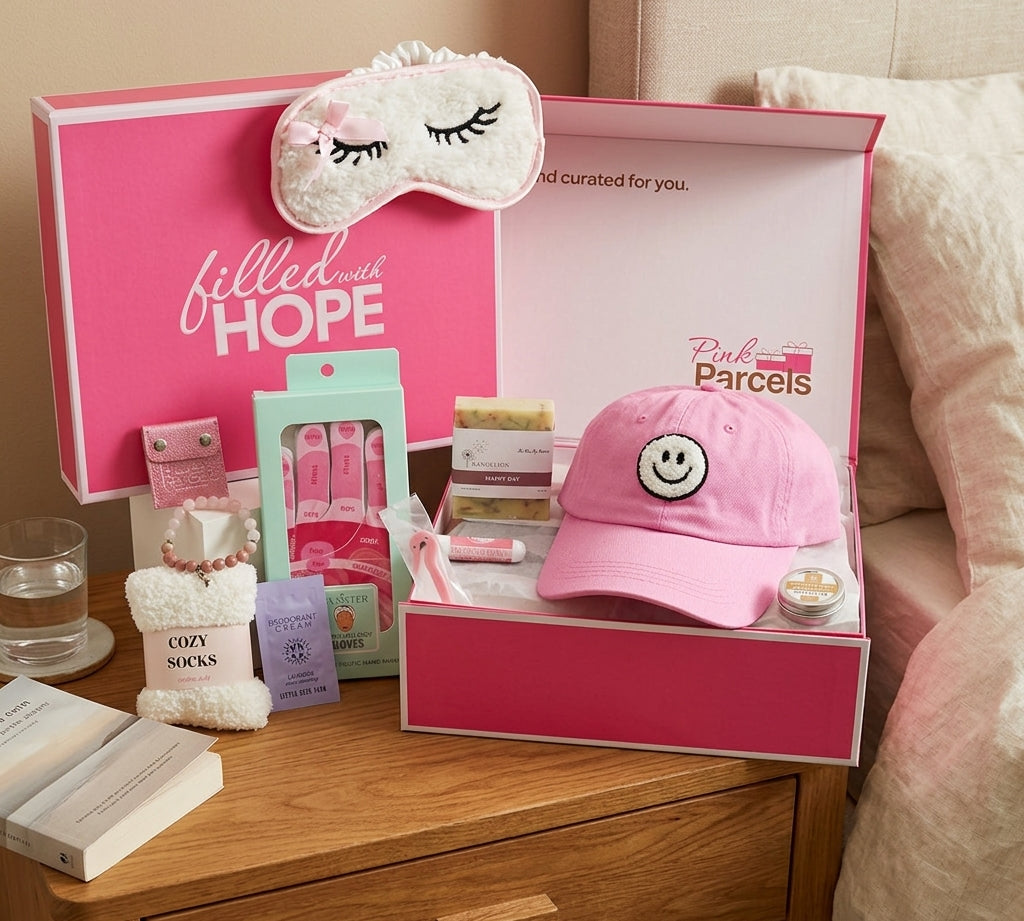 A curated gift set displayed in an open pink box on a wooden bedside table next to a bed. The set includes a pink sleep mask, a pink baseball cap with a smiley face patch, a pair of socks, a bar of soap, and other pink-themed items.