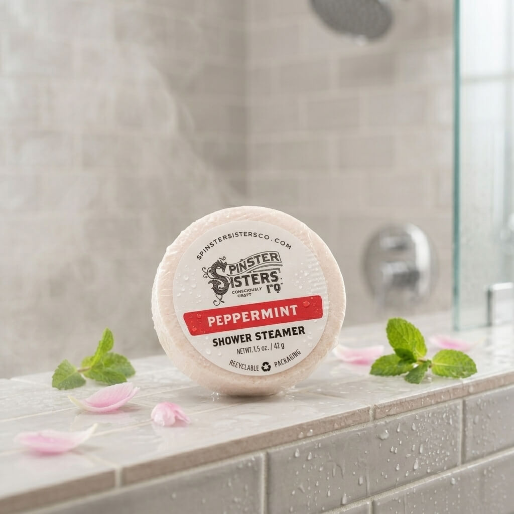 Peppermint shower steamer tablet resting on a tiled shower ledge with water droplets, pink petals, and fresh mint leaves.