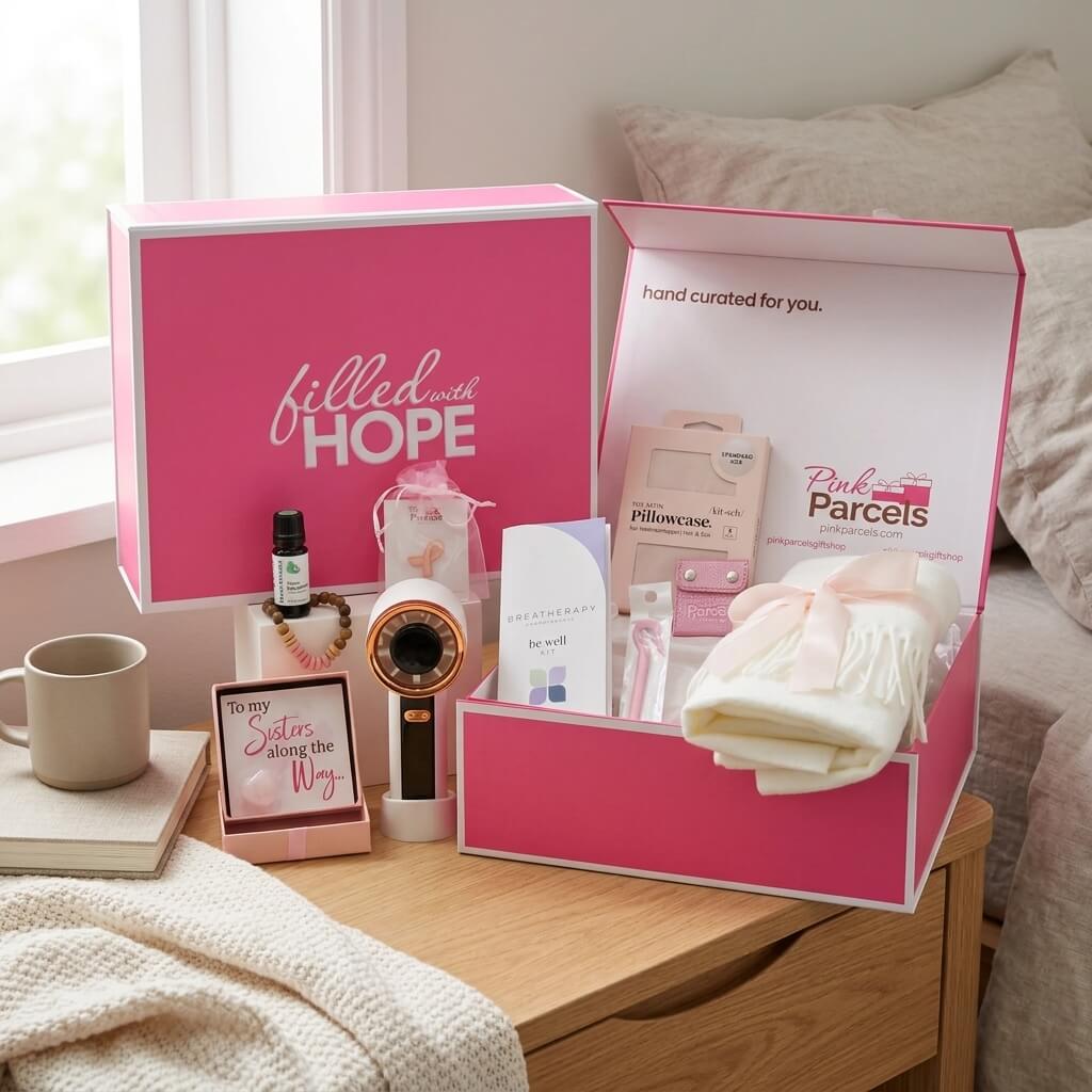 The Pink Signature Box open on a wooden bedside table, holding a handheld fan, peppermint oil, satin pillowcase, shower steamer, ivory scarf, and journal.
