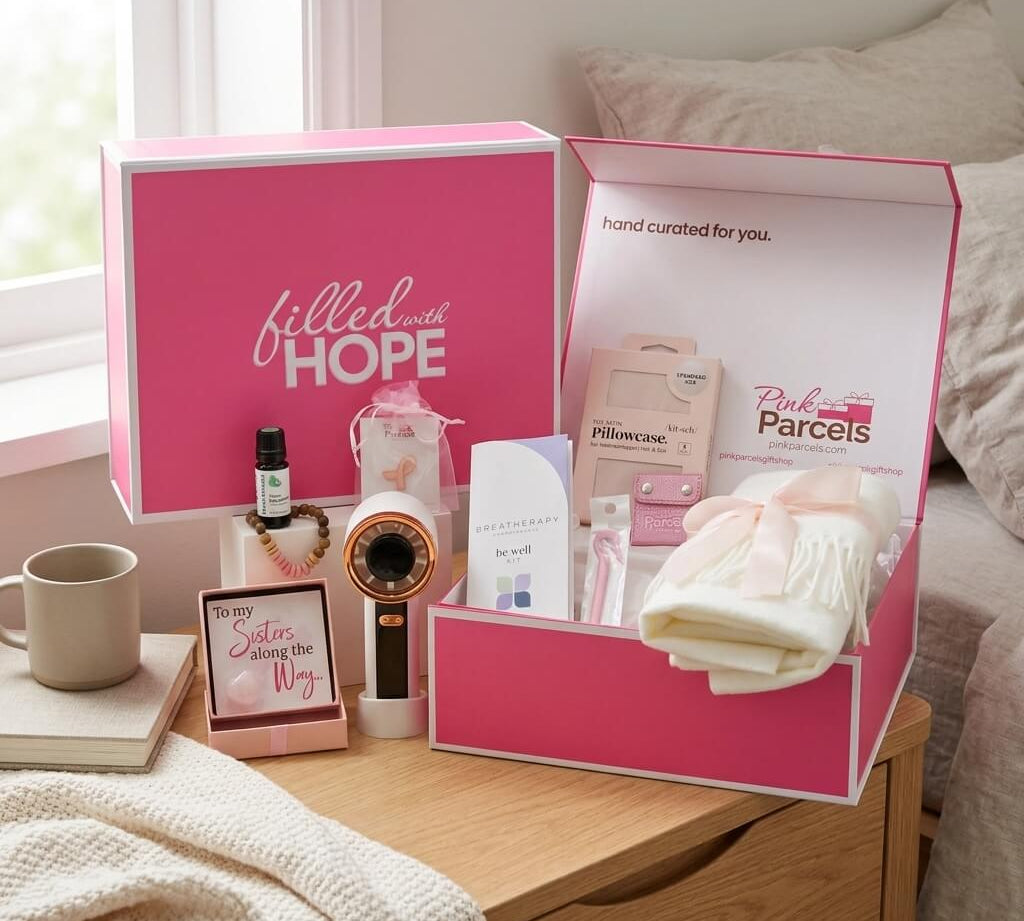 The Pink Signature Box open on a wooden bedside table, holding a handheld fan, peppermint oil, satin pillowcase, shower steamer, ivory scarf, and journal.