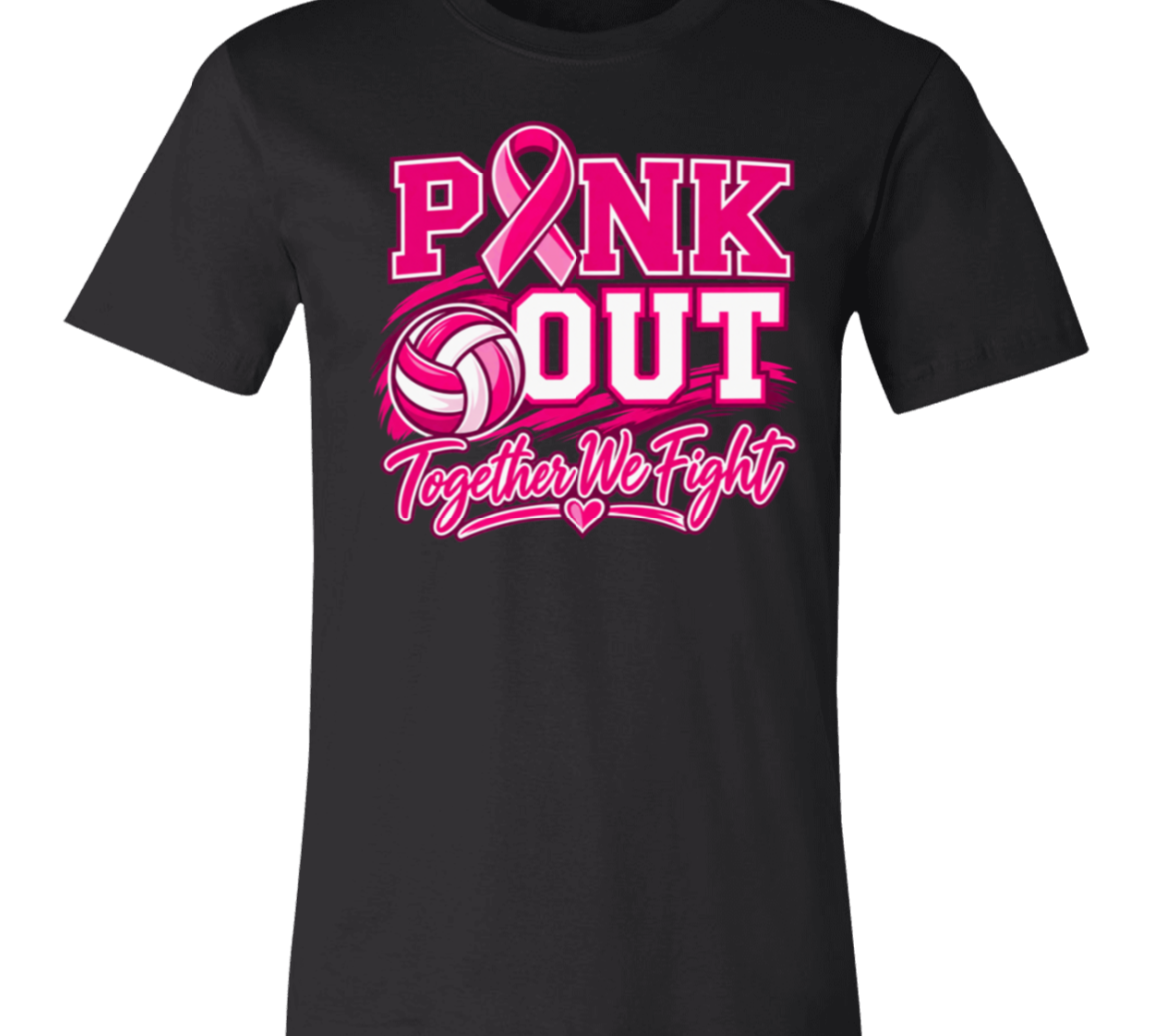 black graphic T-shirt that reads 'PINK OUT Together We Fight' in pink and white.