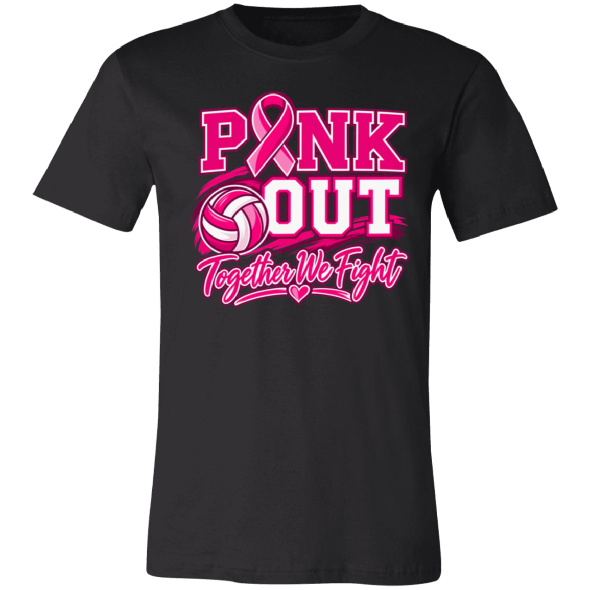 black graphic T-shirt that reads 'PINK OUT Together We Fight' in pink and white.