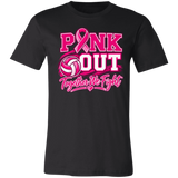 black graphic T-shirt that reads 'PINK OUT Together We Fight' in pink and white.