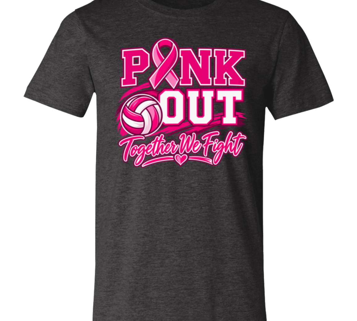 dark heather grey graphic T-shirt that reads 'PINK OUT Together We Fight' in pink and white