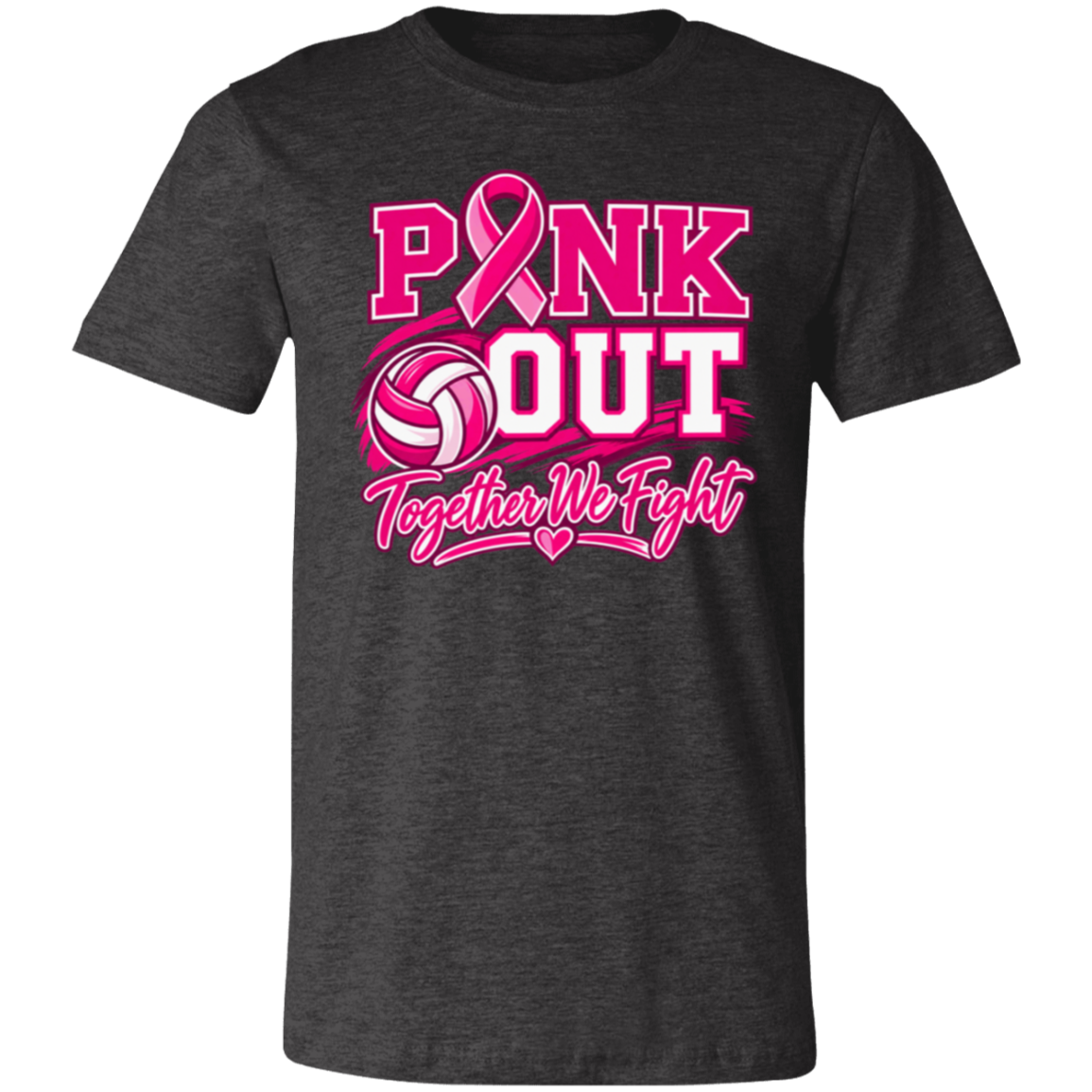 dark heather grey graphic T-shirt that reads 'PINK OUT Together We Fight' in pink and white