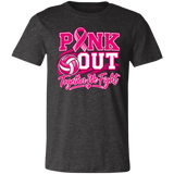 dark heather grey graphic T-shirt that reads 'PINK OUT Together We Fight' in pink and white